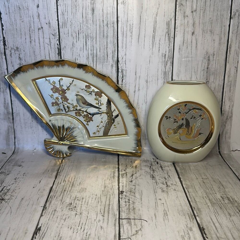 The Art of Chokin Engraved Bird Gold Rimmed Home Decor‎ Fan and Vase